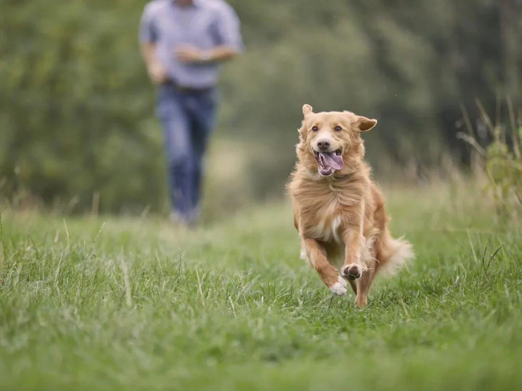 Dog rights MS outdoors active running in field with person tan dog 1