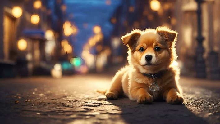 ai generated a puppy is sitting on the street photo