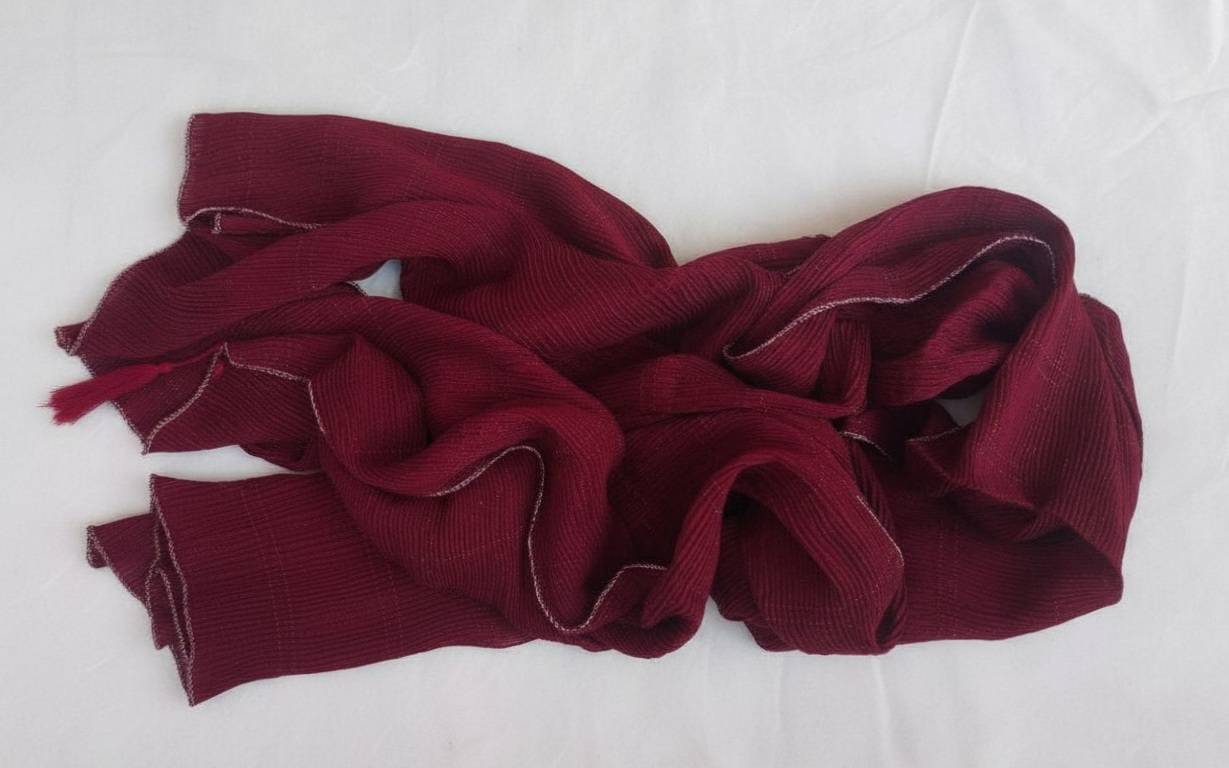 شال پلیسه برشکا زرشکی دورلمه منگوله دار عرض پهن - Image 2