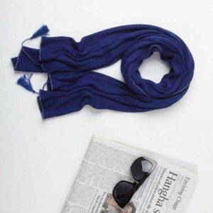 شال پلیسه برشکا آبی کاربنی دورلمه منگوله دار عرض پهن